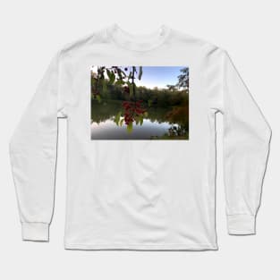 Red Berries Against a Peaceful Pond - Tomahawk Creek Pond Overland Park KS Long Sleeve T-Shirt